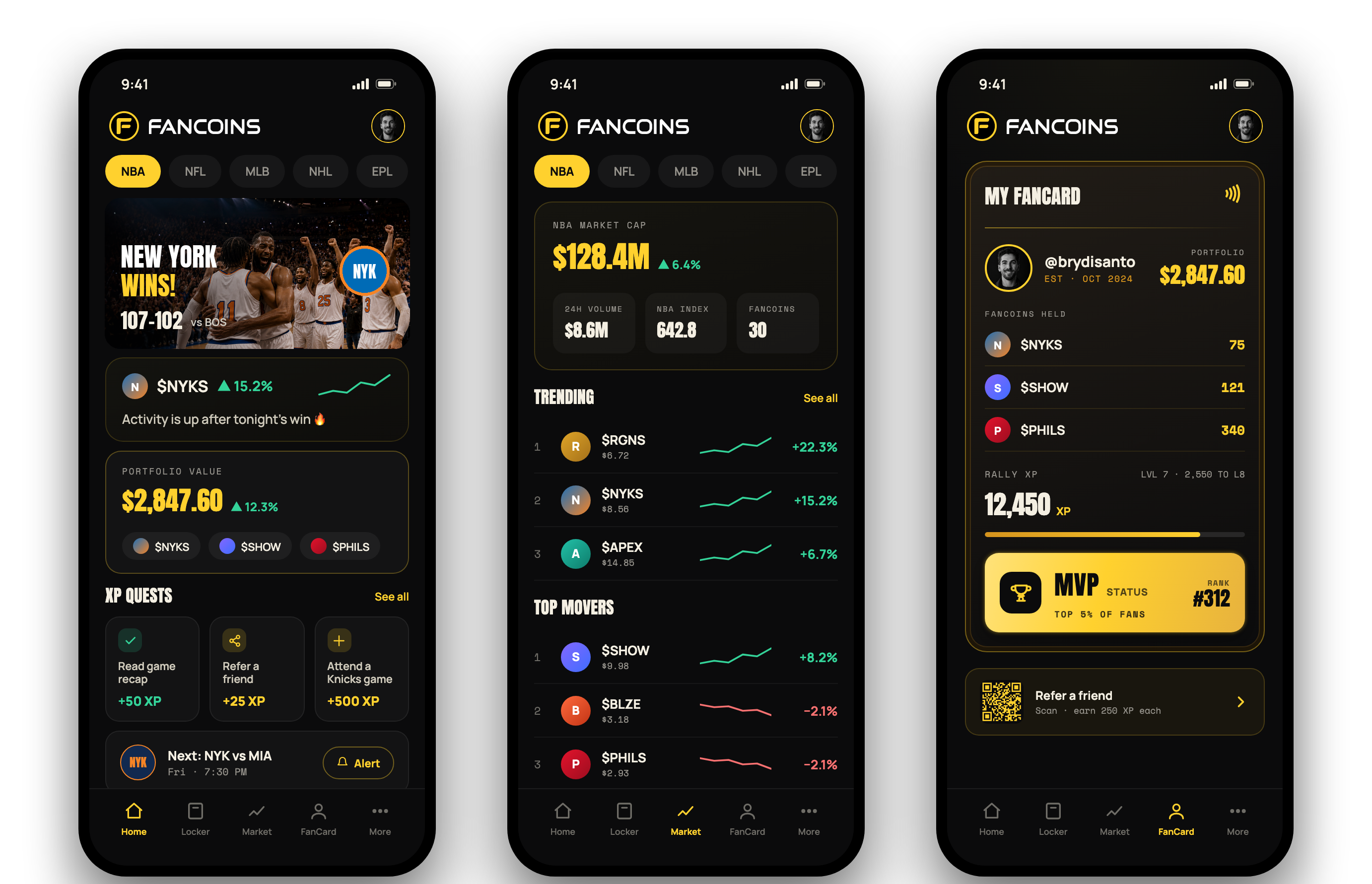 The Fancoins app shown across three phone screens